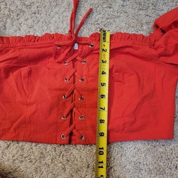 BLUE BLUSH Red Puff Off Shoulder Crop Top High Waist Lace-up Corset Shorts Set L - Picture 6 of 16